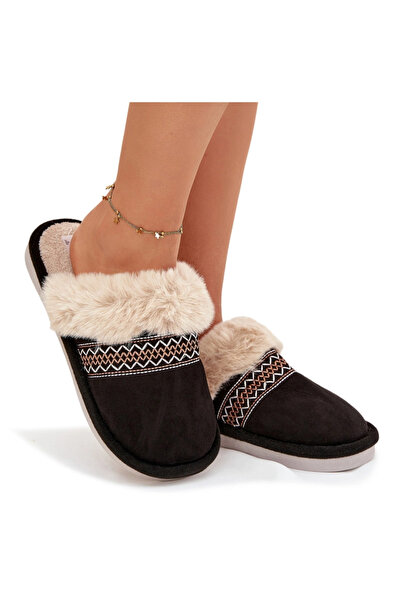 BOTO Papuci de damă cu blană și broderie Devianne negri 40/41