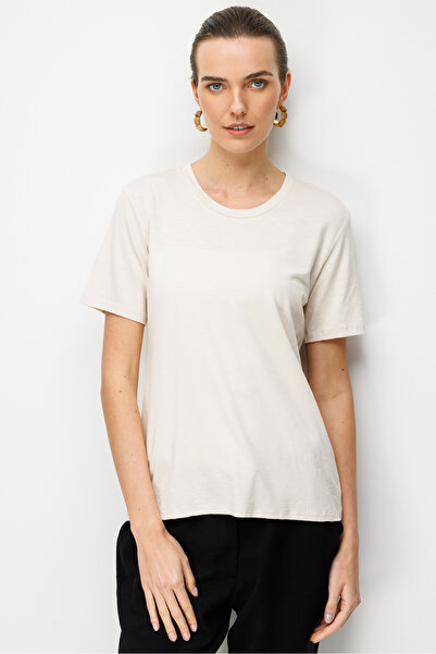 Desen Triko Women's Crew Neck Flared Fabric Combed Cotton Tshirt Beige