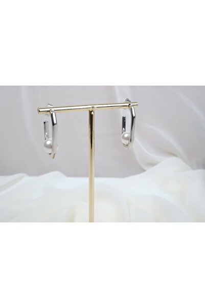 ATELİER TUĞBA Kp266 Pearl Detailled Geometric Hoop Earrings Silver (Length 33...
