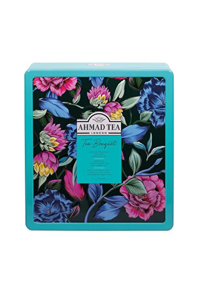 Ahmad Tea علبة شاي مزخرفة بالزهور، علبة زرقاء، 72 كيس شاي
