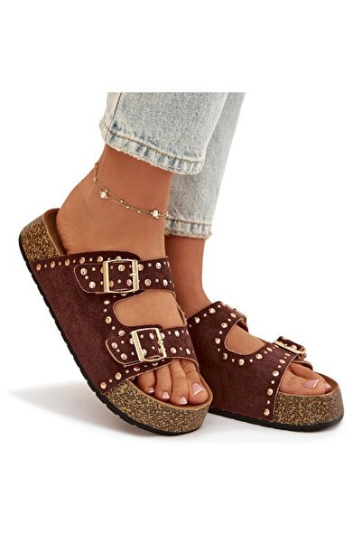 BOTO Papuci de damă cu cleme și nasturi aurii maro Tervina 39