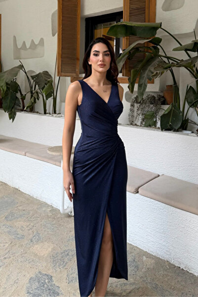 Sindimoda سيندا فستان ماكسي برقبة على شكل V شق لمّاع 40117