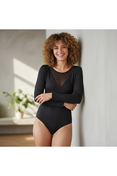 BONBON Women's Long Sleeve Crew Neck Bottom Snap Fastener Sheer Detailed Tull...