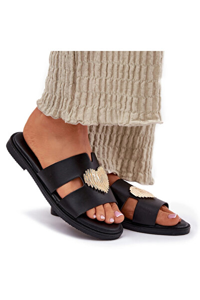 Evento Sandale plate pentru femei cu decorațiuni aurii, negre, Karinma 37