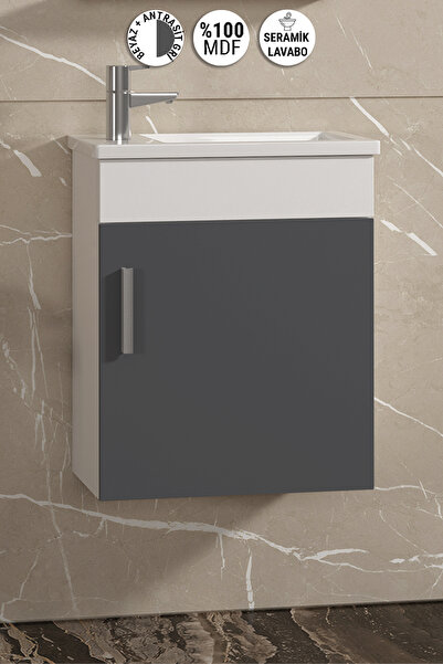 ÖZCEDEN Lale 42x24 cm Beyaz-Antrasit Gri Mat MDF Seramik Lavabolu Asma Banyo ...