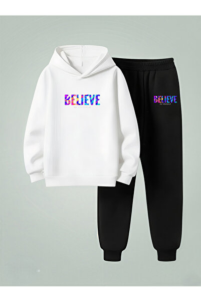 VODEXA Boy's Hooded Set Believe in Printed 3 İplik Ş Brushed Inside Sweatshir...