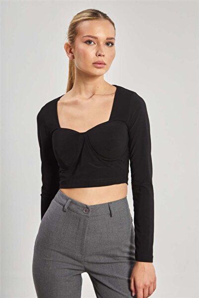 BARRELS AND OIL Women's Square Neck Long Sleeve Blouse - Black