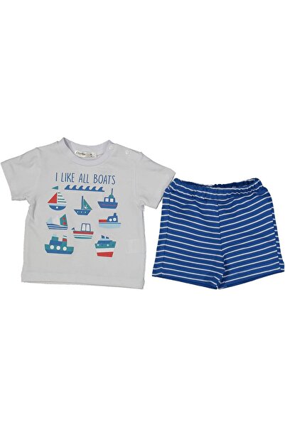 bebegen Baby Boy White Gemi Patterned Blue Striped Shorts 2-Piece Set