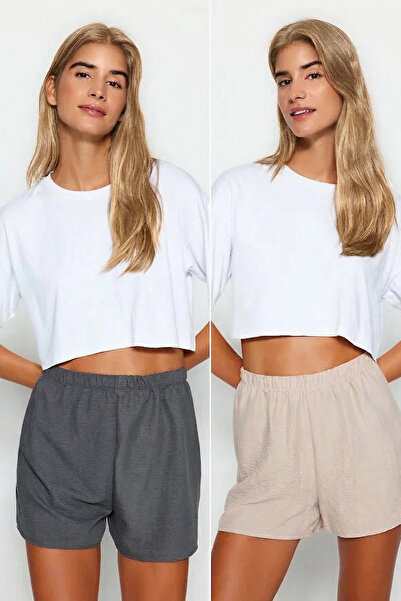 Laperissa Pachet de 2 pantaloni scurți bej-multicolor țesut Pijama Bottoms