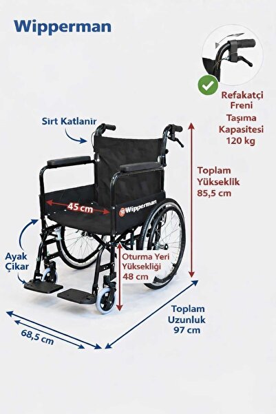 WİPPERMAN Çelik Gövdeli Dayanıklı Manuel Tekerlekli Sandalye