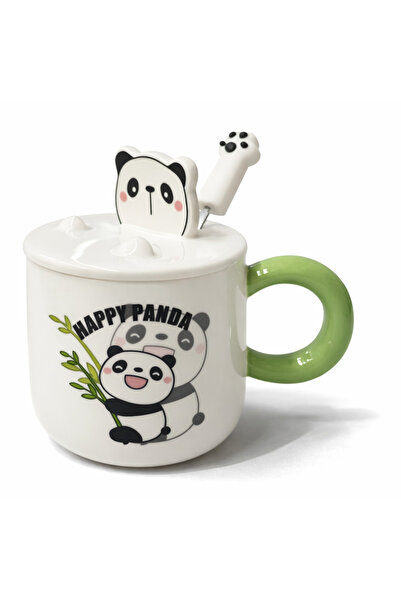 Coverzone Cute Happy Panda Figured Ceramic Mug with Lid 300ml Coffee Cup with...
