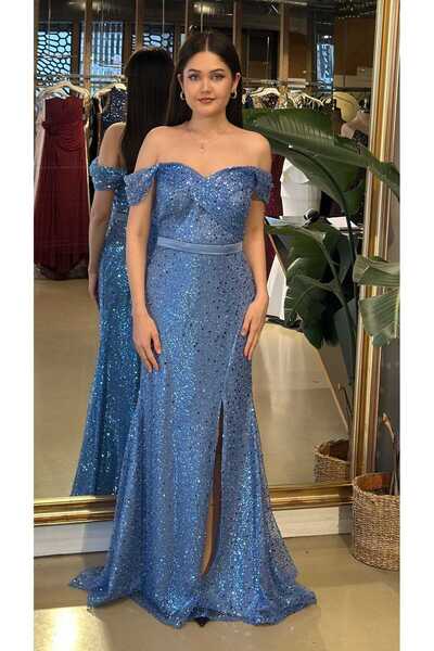 Abiyeniall İndigo Sırt Dekolteli Yırtmaçlı Pullu Boncuklu Uzun Abiye Elbise 7434