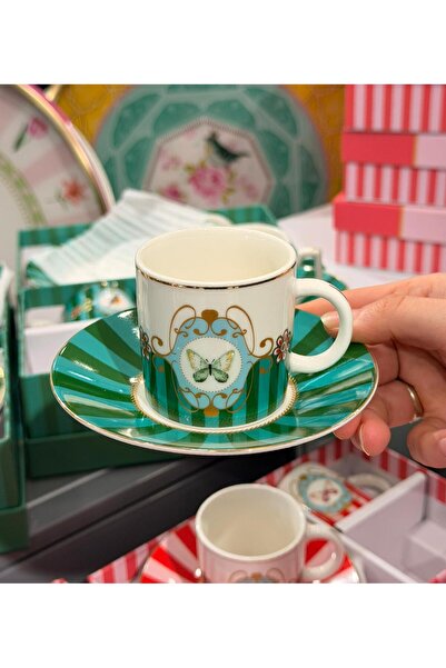 Onedekor 2-Person Porcelain Serina Kelebek Green Coffee Cup
