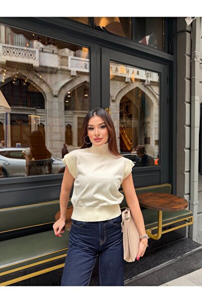 TOFİX textile Women's Beige Half Turtleneck Knitwear Blouse Short Sleeve Stylish