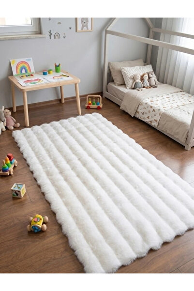 Carpet Dekor Bubble Yumuşak Suni Tavşan Tüyü Halı Beyaz
