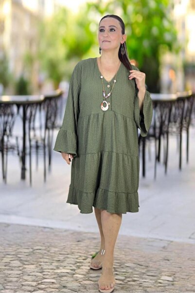 yagmurberen Front Half Buttoned Spanish Sleeve Bubble Fabric Plus Size Midi D...