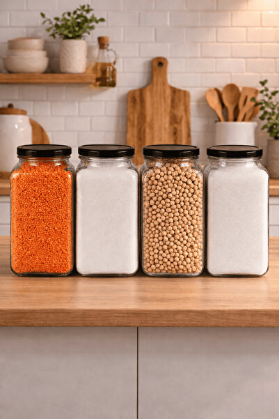 Sarkap Home 4'lü 3000 ml Kapaklı Köşeli Cam Kavanoz - Siyah Kapak