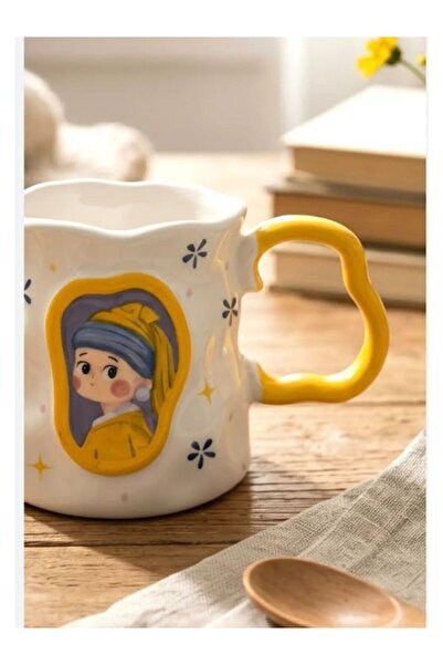 İthal Vintage Tasarım Seramik Kupa Sarı Kulplu İnci Küpeli Kız -Hediye Serami...