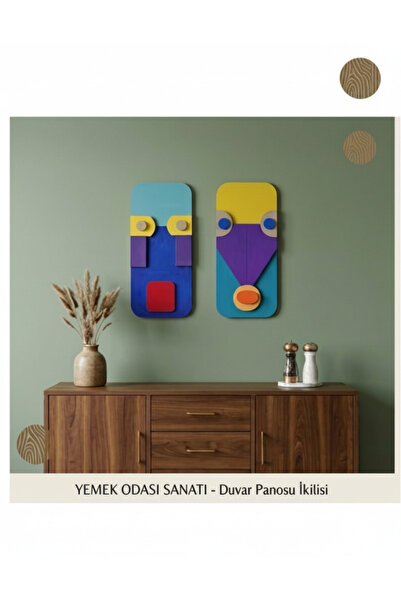 Handmade Modern Soyut Geometrik Ahşap Duvar Tablo Seti - 2'li Dekoratif Renkl...