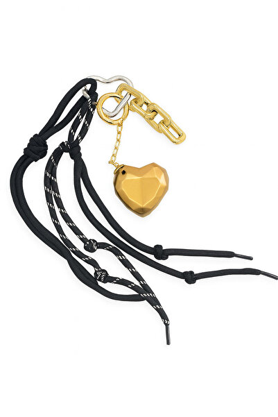 E MODA Breloc de lux cu snur negru cu inimă geometrică aurie și breloc cu lanț