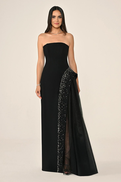 ALFABETA فستان سهرة أسود طويل بدون حمالات للنساء مع تفاصيل من الأحجار اللامعة...