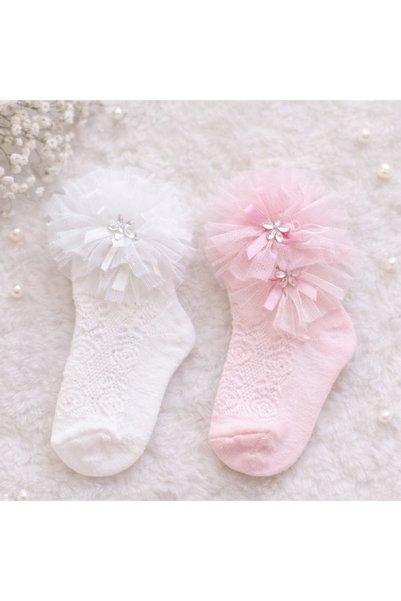 Happy Baby Butik Baby Girl 100% Cotton Cotton Tulle Piece Socks Set of Buckled 4-Piece Socks