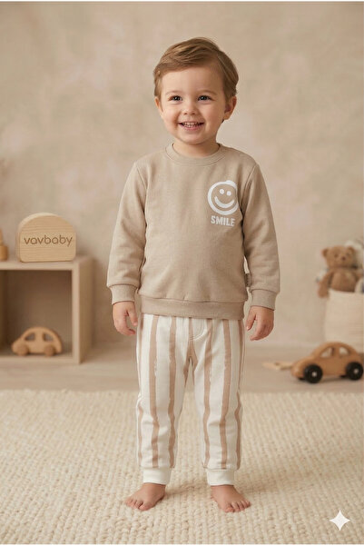 VaVbaby طقم علوي وسفلي باللون الأزرق الداكن من Baby Boy Smile مطبوع باللون البيج
