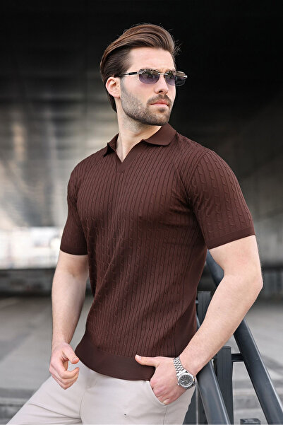Madmext Brown Slim Fit Polo Neck Knitwear Men's T-Shirt E7472