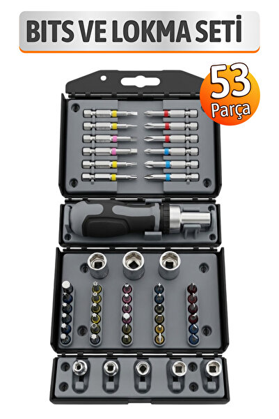 Badem10 53 Parça Cırcırlı Tornavida Bits ve Lokma Seti S2 Çelik Uçlu Cr V Lok...