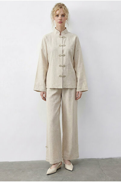 Bianco Lucci Women's Natural Textured Button Detailed Shirt Loose Trousers To...