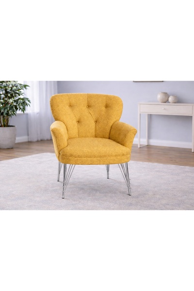 Vivense PUFY KOLLU TEKLİ BERJER, SARI, METAL KROM AYAK