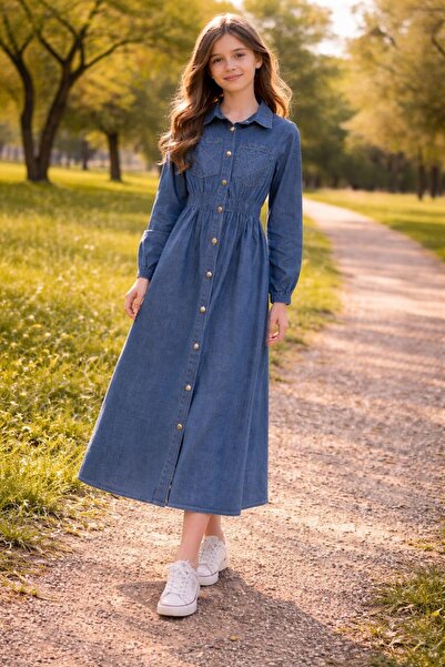 hisarpretty Girl's Waist Length Ruched Button-Front Maxi Length Jean Dress