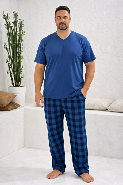 YUYİ Kly %100 Cotton V-Neck Short Sleeves Plus Size Men's Pajama Set 2208