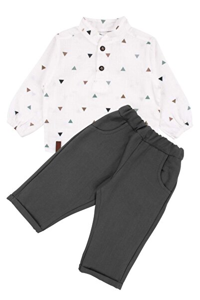 bebegen Baby Boy Patterned Ecru Muslin Shirt and Green Trousers 2-Piece Set