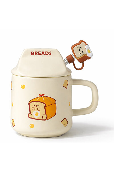 Coverzone Cute Breads Ceramic Mug with Lid 300ml Coffee Cup with Spoon Design...