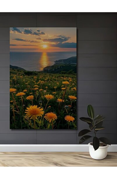 Teona Ahşap Gün Batımı Deniz Manzaralı Papatya Tarlası Yağlı Boya Görünümlü D...