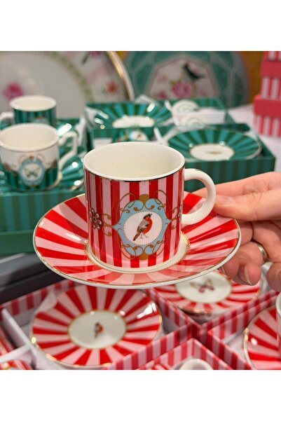 Onedekor 2-Person Porcelain Orvina Bird Red Coffee Cup