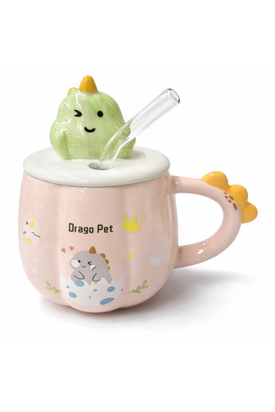 Coverzone Cute Dinosaur Figured Ceramic Mug with Lid 300ml Coffee Cup with Sp...