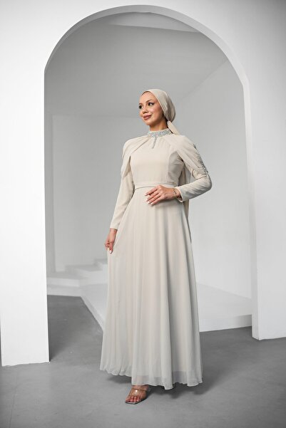 hakimoda Canfes Chiffon Evening Dress Stone Color