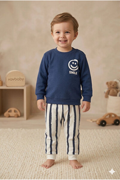 VaVbaby Baby Boy Smile Printed Navy Blue Top and Bottom Set Navy Blue