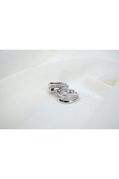 ATELİER TUĞBA Kp276 Silver Hoop Earrings with Zircon Strip Detail (Length 15 mm)