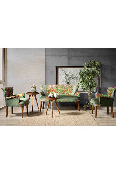 Vivense ETNİK DESEN ÇAY SETİ KOLTUK TAKIMI, CEVİZ AYAK, YEŞİL DESENLİ