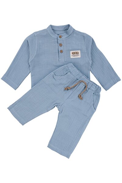 bebegen Baby Boy Blue Judge Collar Buttoned Muslin 2-Piece Set