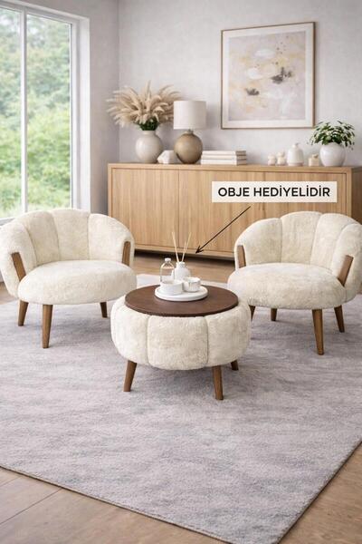 KOKİ DESİGN STAR CEVİZ Krem 2 Adet Papatya Berjer + 1 Adet Sehpa (5 PARÇA DEK...