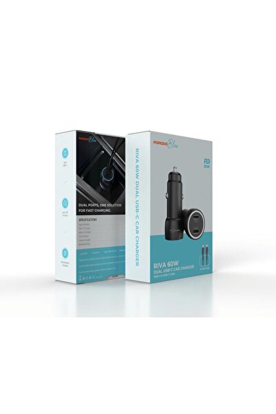 porodo Blue شاحن سيارة RIVA ثنائي المنافذ USB-C بقوة 60 واط مع كابل USB-C إلى...