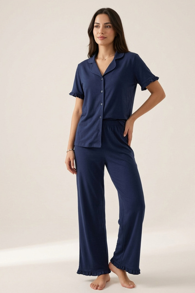 İPEKTENİM Fırfır Detaylı Kısa Kol Düğmeli Gömlek Pijama Takımı