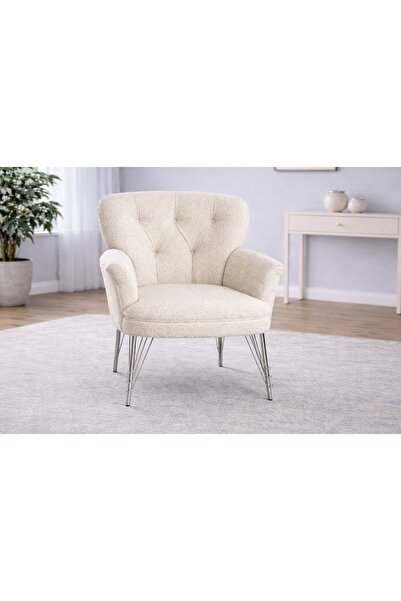 Vivense Pufy Kollu Tekli Berjer, Krem, Metal Krom Ayak