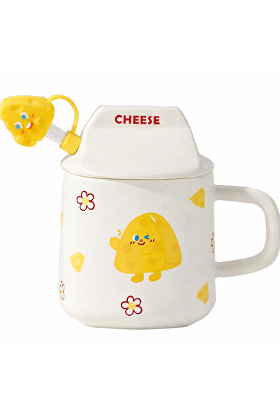 Coverzone Cute Cheese Figured Ceramic Mug with Lid 300ml Coffee Cup with Spoo...