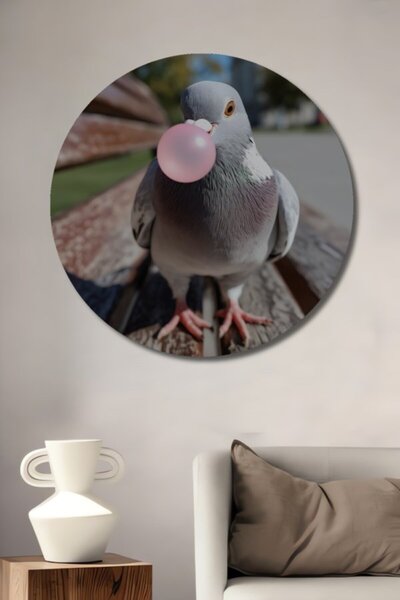 Teona Ahşap Yuvarlak Sakız Patlatan Güvercin Ahşap Dekoratif Tablo Antre Kori...