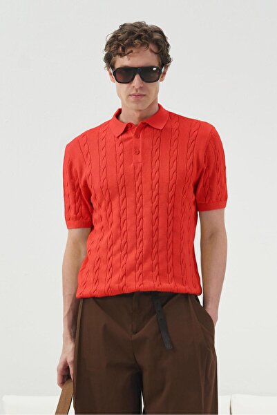 GIESTO Textured Knitted Patterned Red Polo Collar Tricot T-Shirt